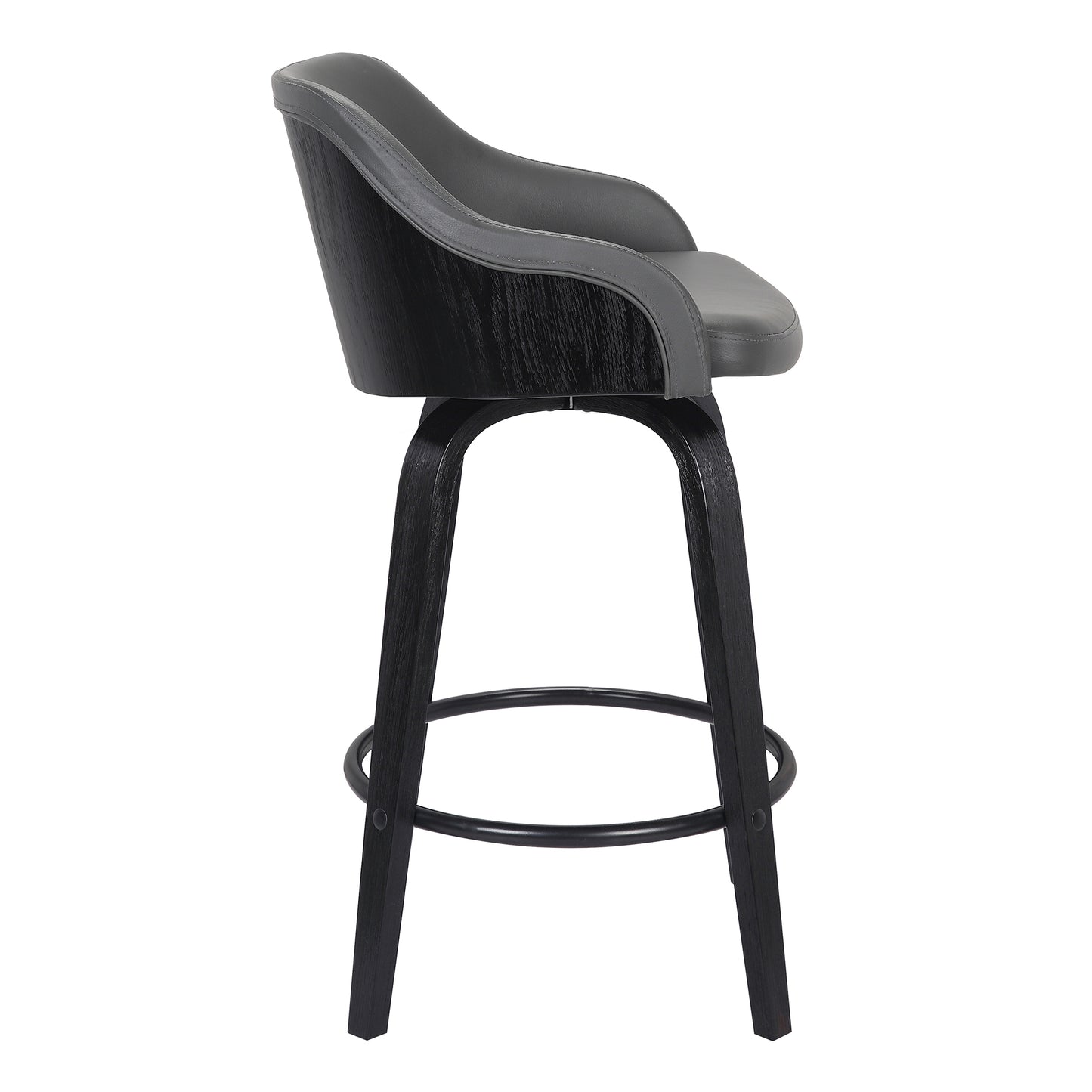 Alec 30" Bar Height Swivel Grey Faux Leather and Black Wood Bar Stool