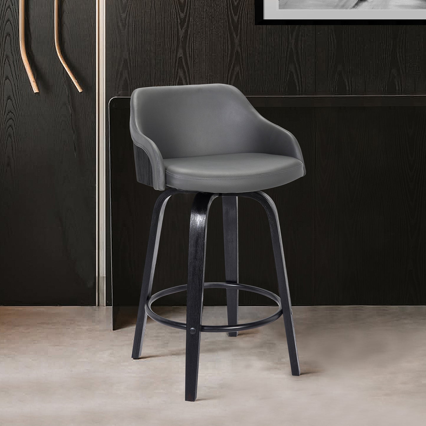 Alec 30" Bar Height Swivel Grey Faux Leather and Black Wood Bar Stool
