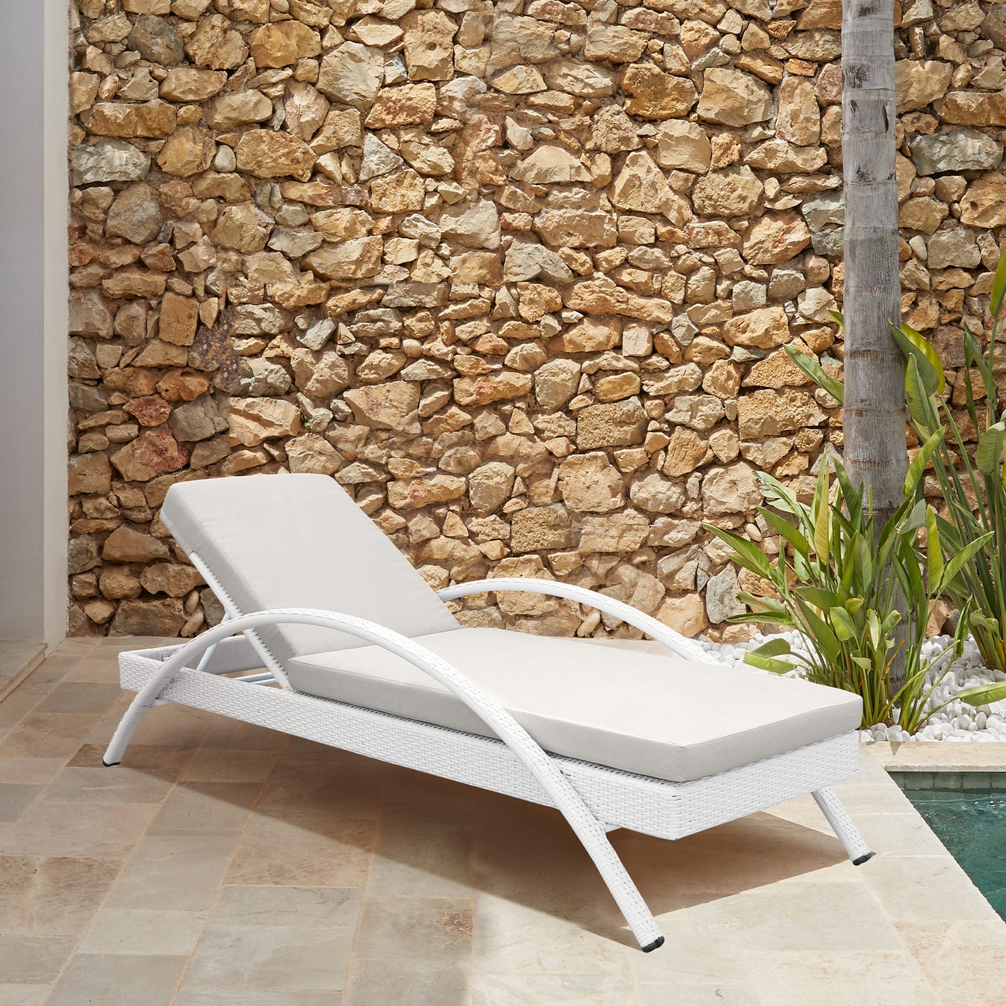 Aloha Adjustable Patio Chaise Lounge Chair in White Wicker and Grey Cushions