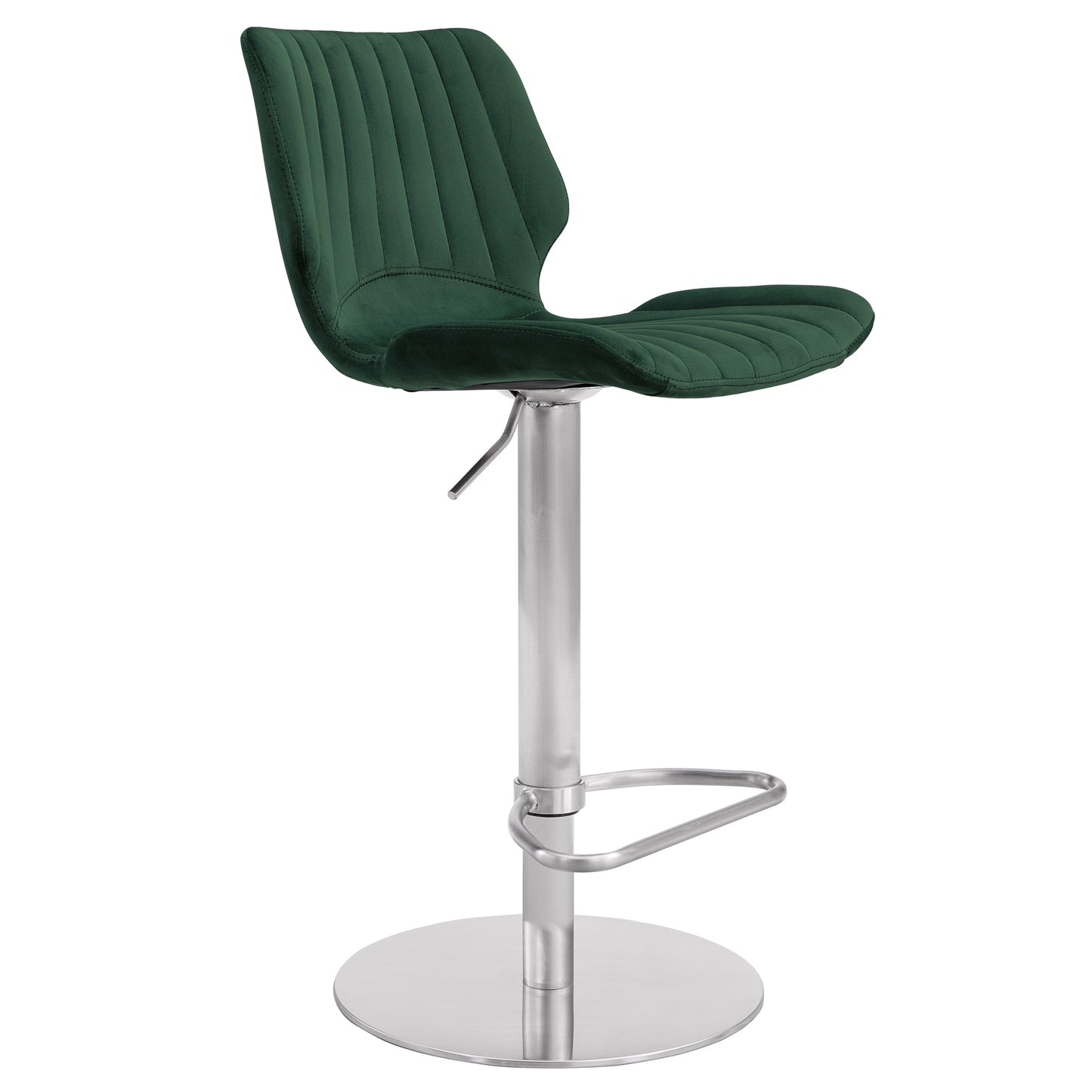Adjustable Velvet and Brushed Stainless Steel Bar and Counter Stool in Green