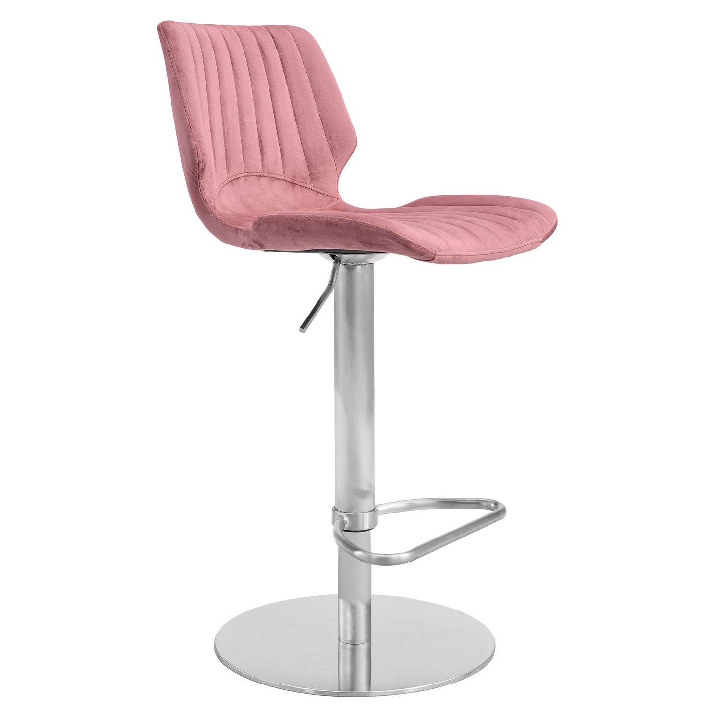 Adjustable Velvet and Brushed Stainless Steel Bar and Counter Stool in Pink