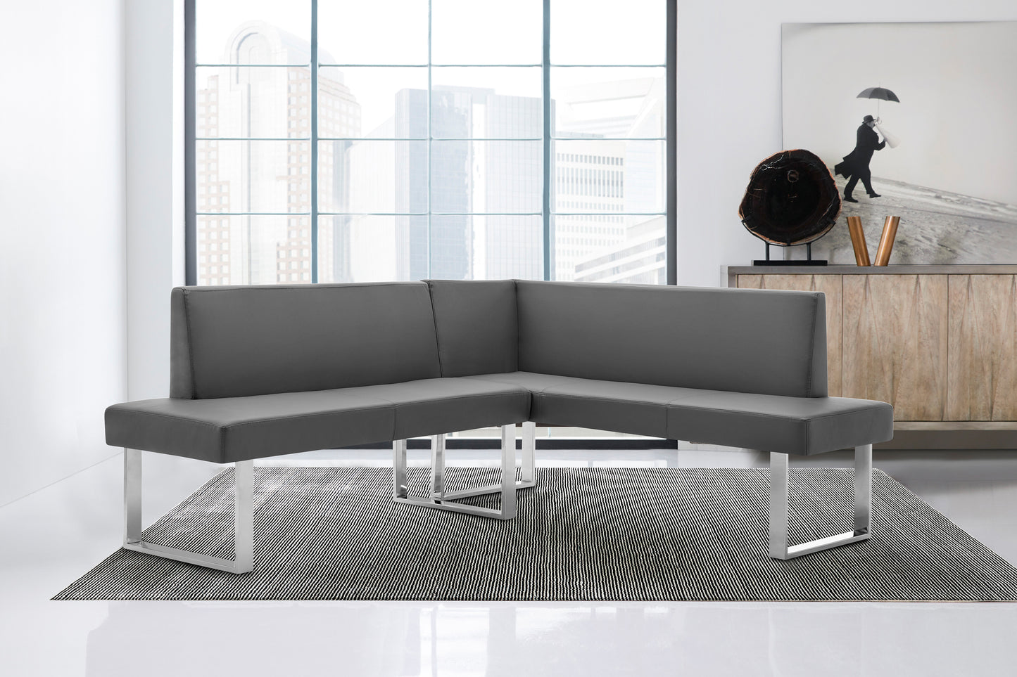 Amanda Nook Corner Dining Bench in Gray Faux Leather and Chrome Finish