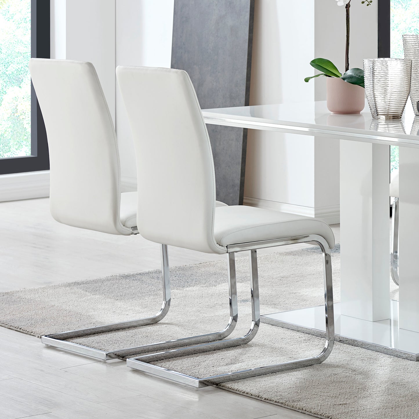 Amanda Side Chair in White Faux Leather and Chrome Finish - Set of 2