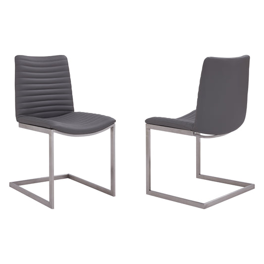 Dining Chair in Brushed Stainless Steel Finish and Gray Faux Leather - Set of 2