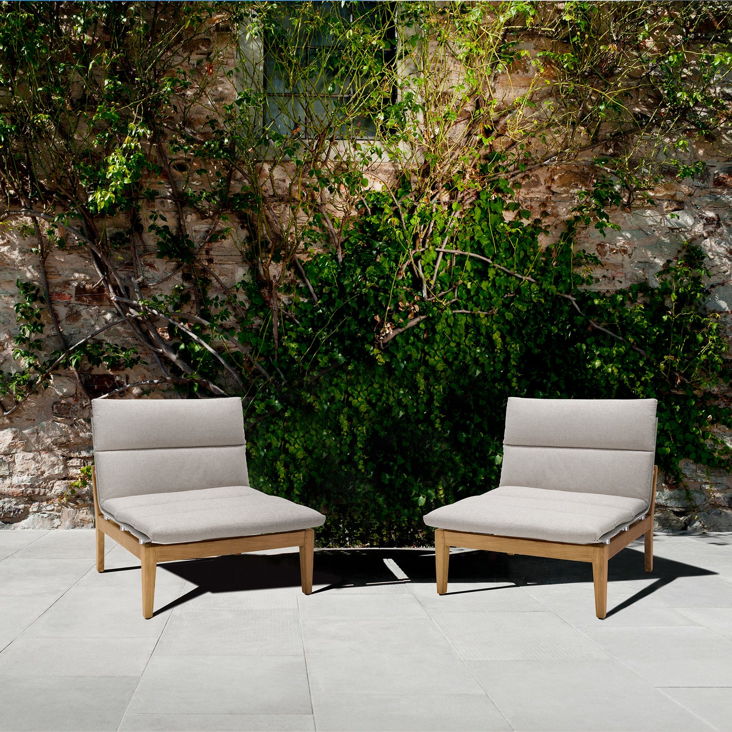 Arno Outdoor Modular Teak Wood Lounge Chair with Beige Olefin - Set of 2