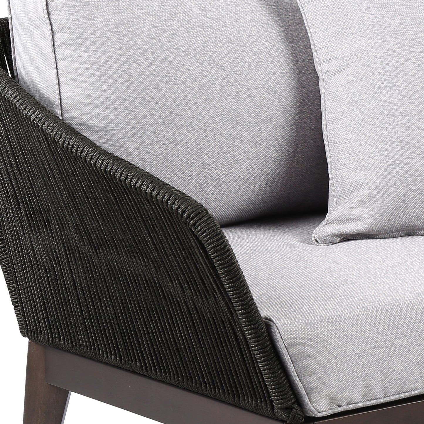 Athos Indoor Club Chair in Dark Eucalyptus Wood with Latte and Grey Cushions