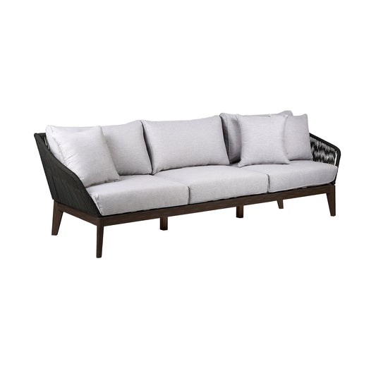 Athos Indoor 3 Seater Sofa in Dark Eucalyptus Wood with Latte and Grey Cushions