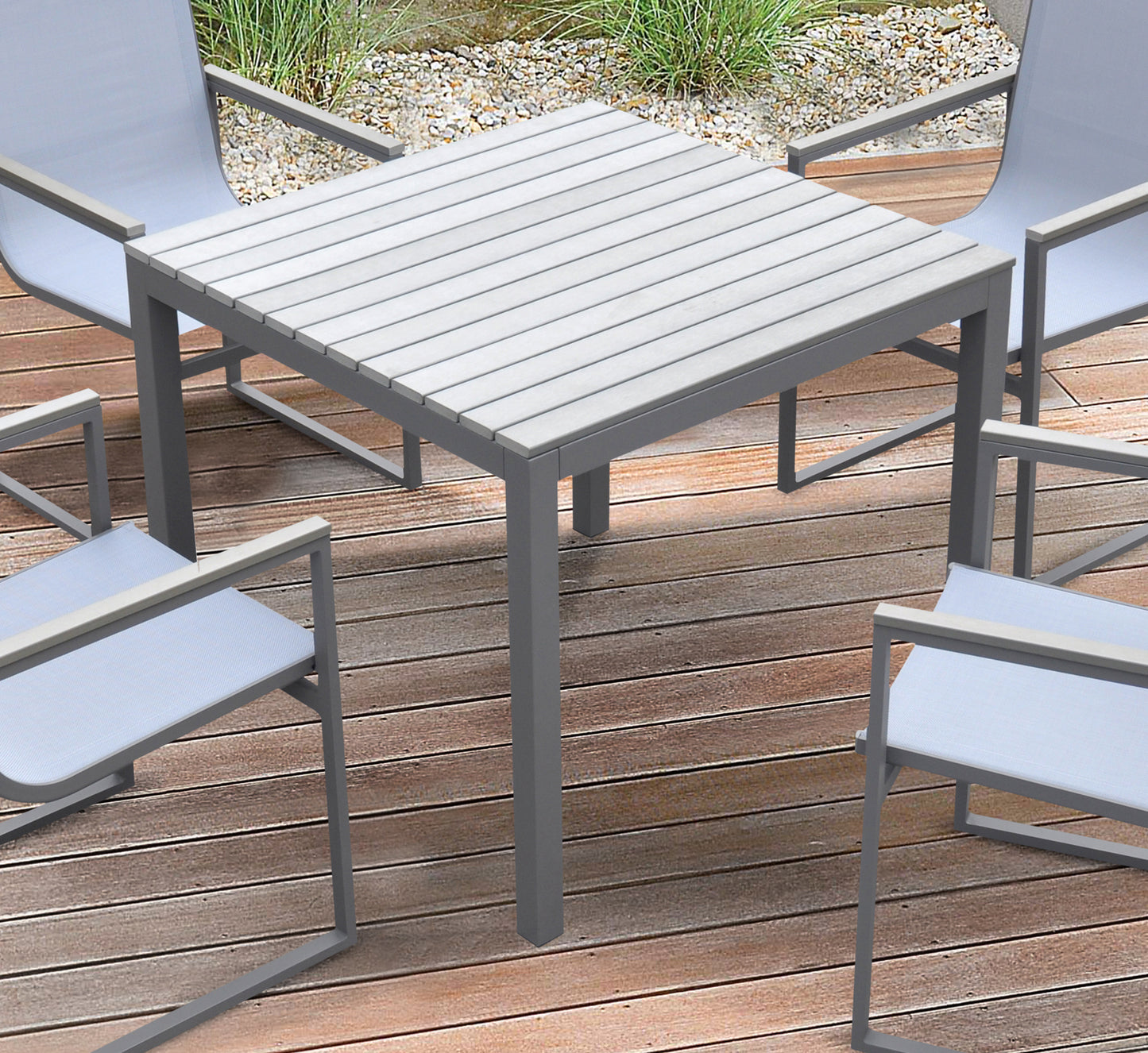 Bistro Patio Dining Table in Grey Powder Coated Finish with Grey Wood Top