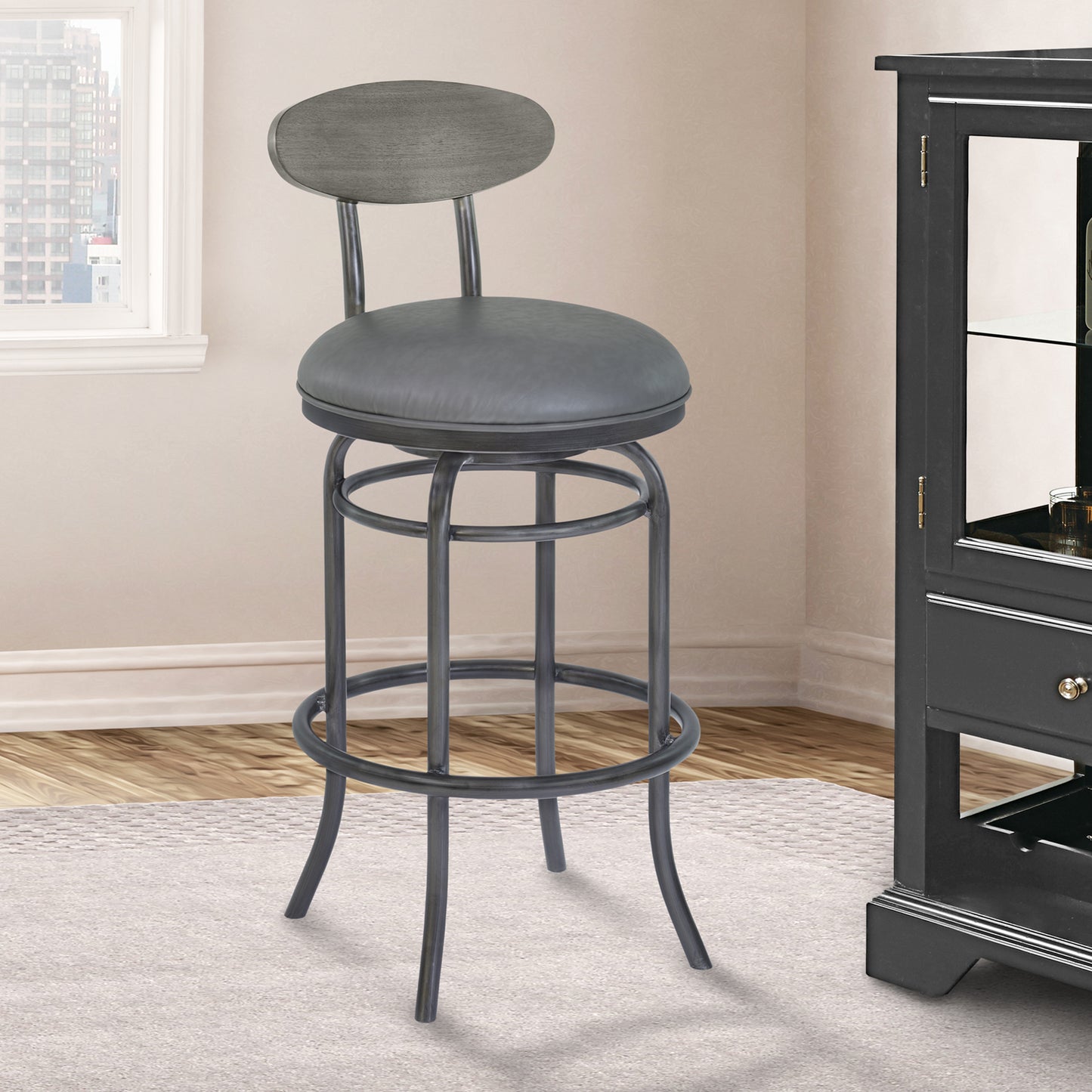 Davis 30" Bar Height Metal Swivel Barstool in Vintage Gray Faux Leather