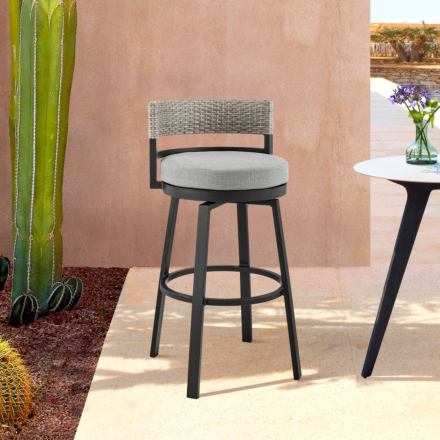 Encinitas Patio Counter Height Swivel Bar Stool in Aluminum and Wicker