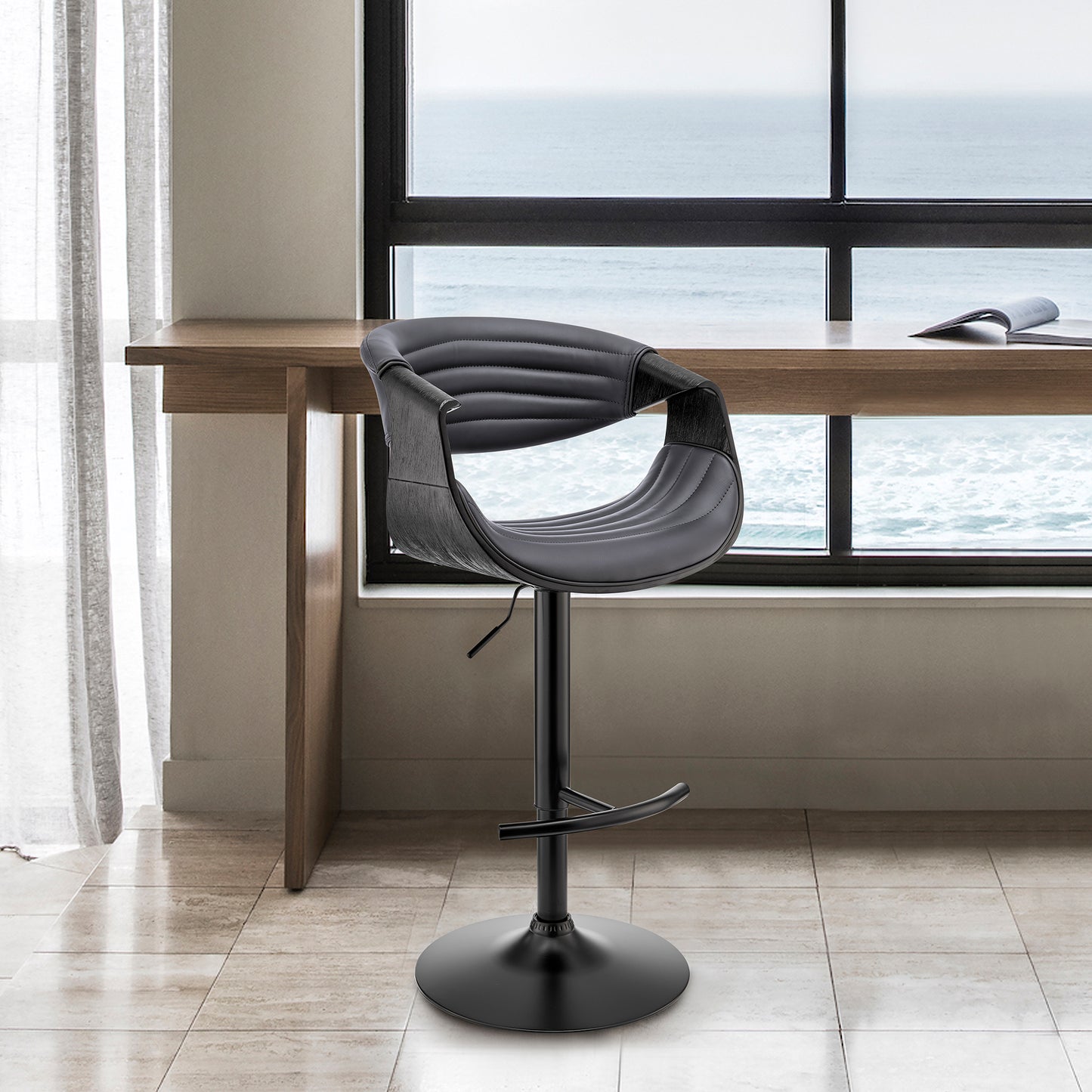 Gionni Adjustable Swivel Grey Faux Leather and Black Wood Bar Stool
