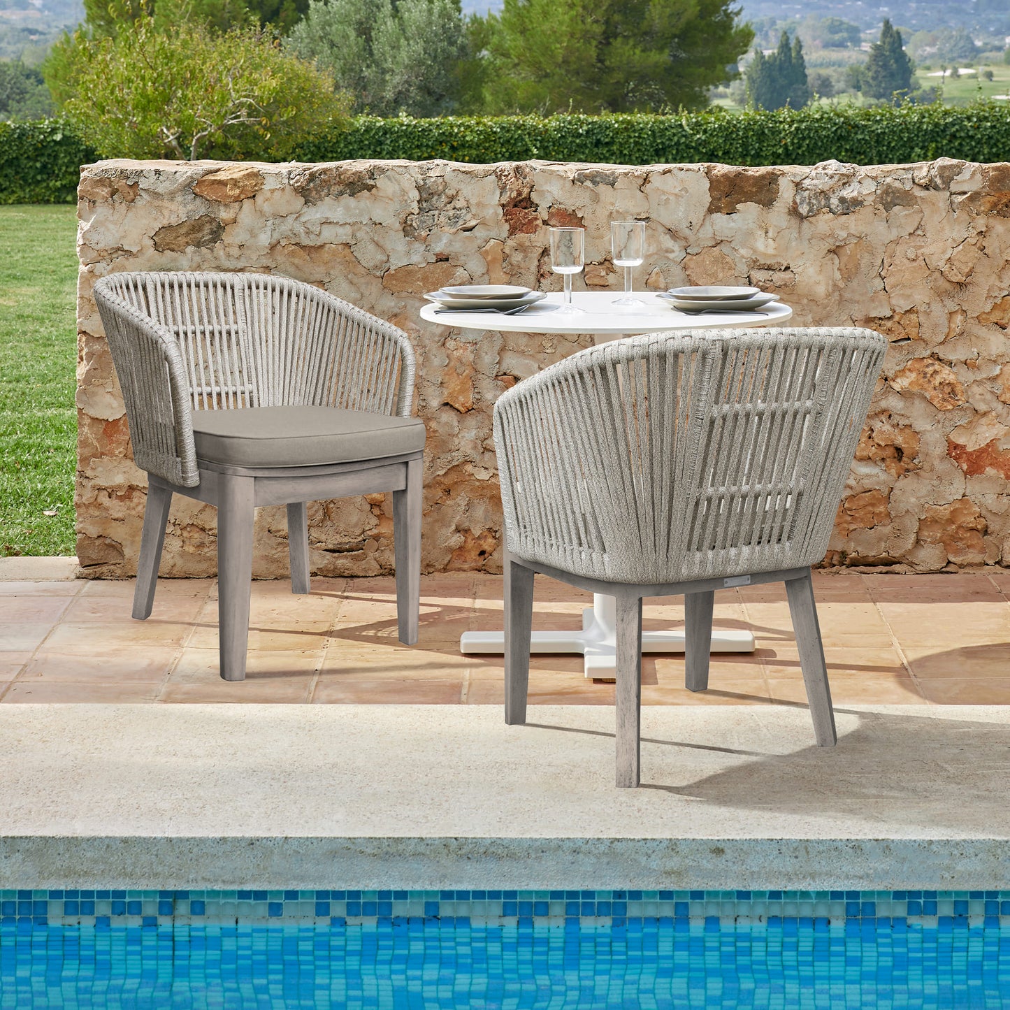 Haiti Patio Dining Chairs with Arms in Grey Acacia Wood and Rope - Set of 2