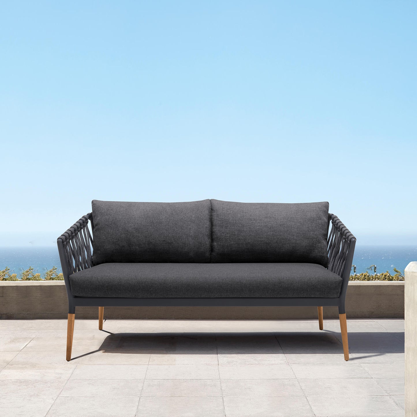 Ipanema Outdoor Teak Wood and Rope Sofa with Dark Grey Olefin