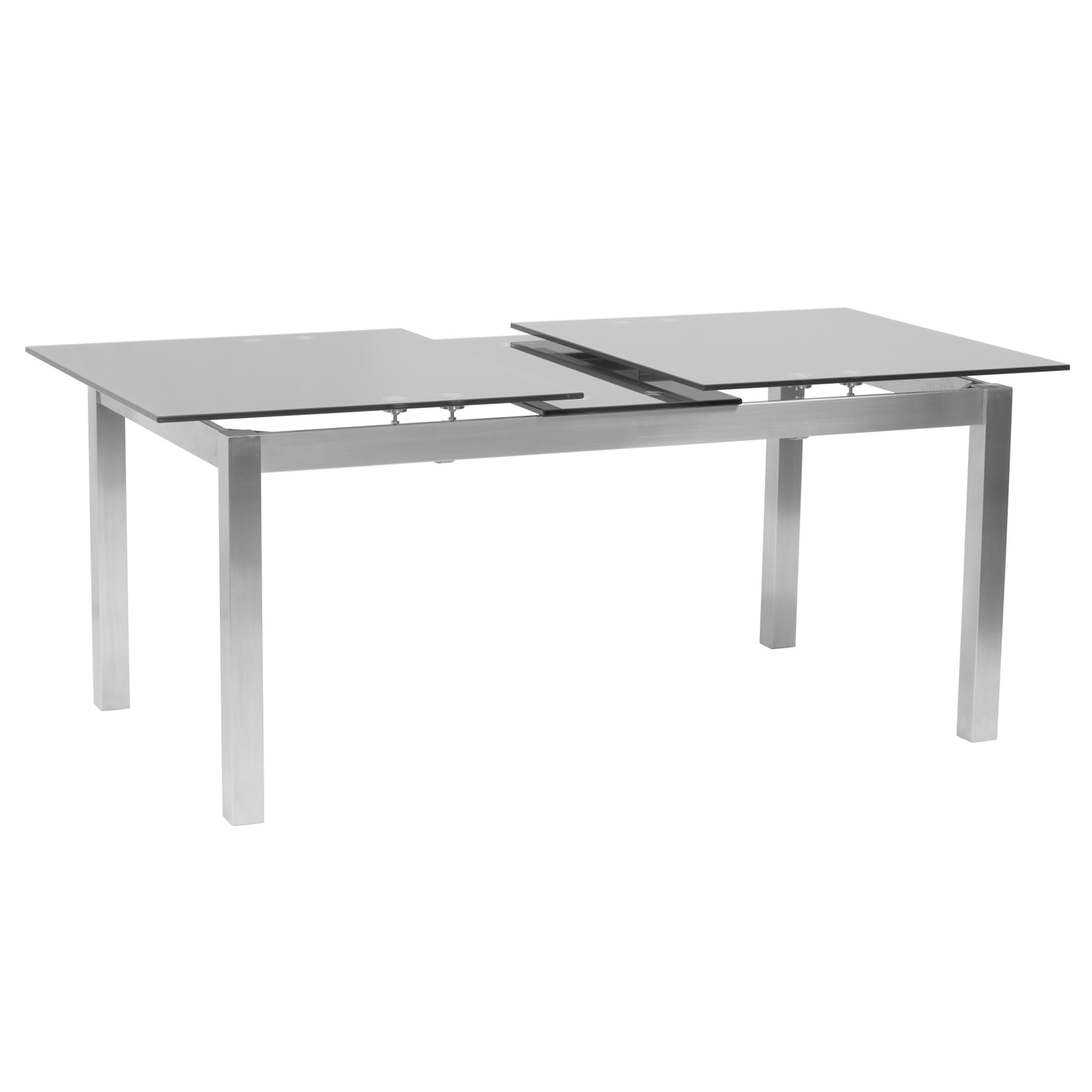 Extension Dining Table in Brushed Stainless Steel and Gray Tempered Glass Top
