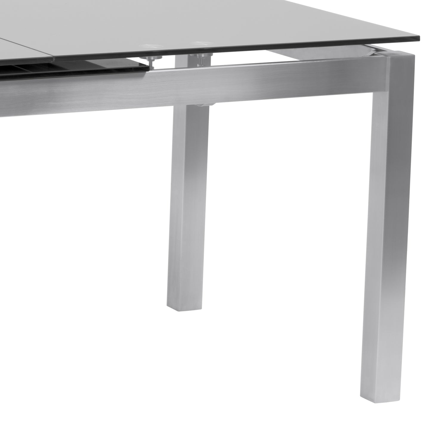 Extension Dining Table in Brushed Stainless Steel and Gray Tempered Glass Top