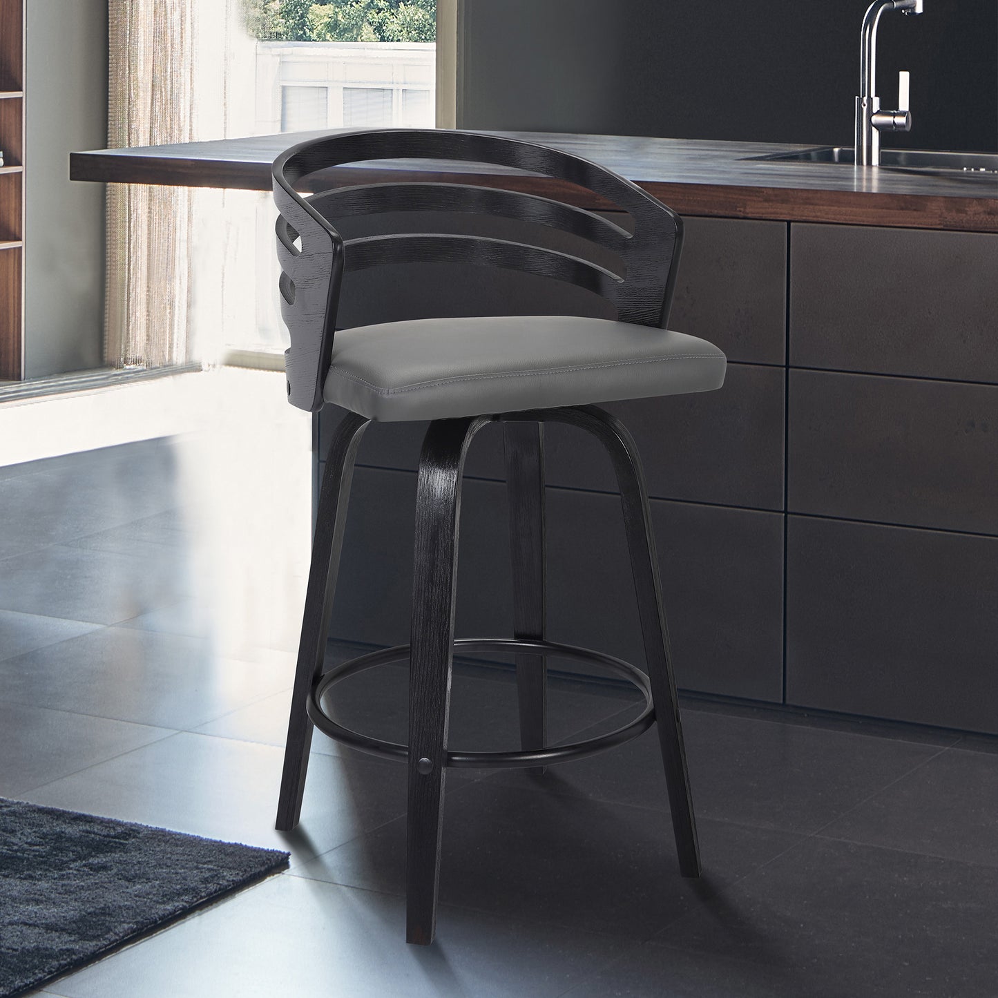 Jayden 30" Bar Height Swivel Grey Faux Leather and Black Wood Bar Stool