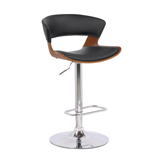 Karine Adjustable Swivel Black Faux Leather and Walnut Wood Bar Stool