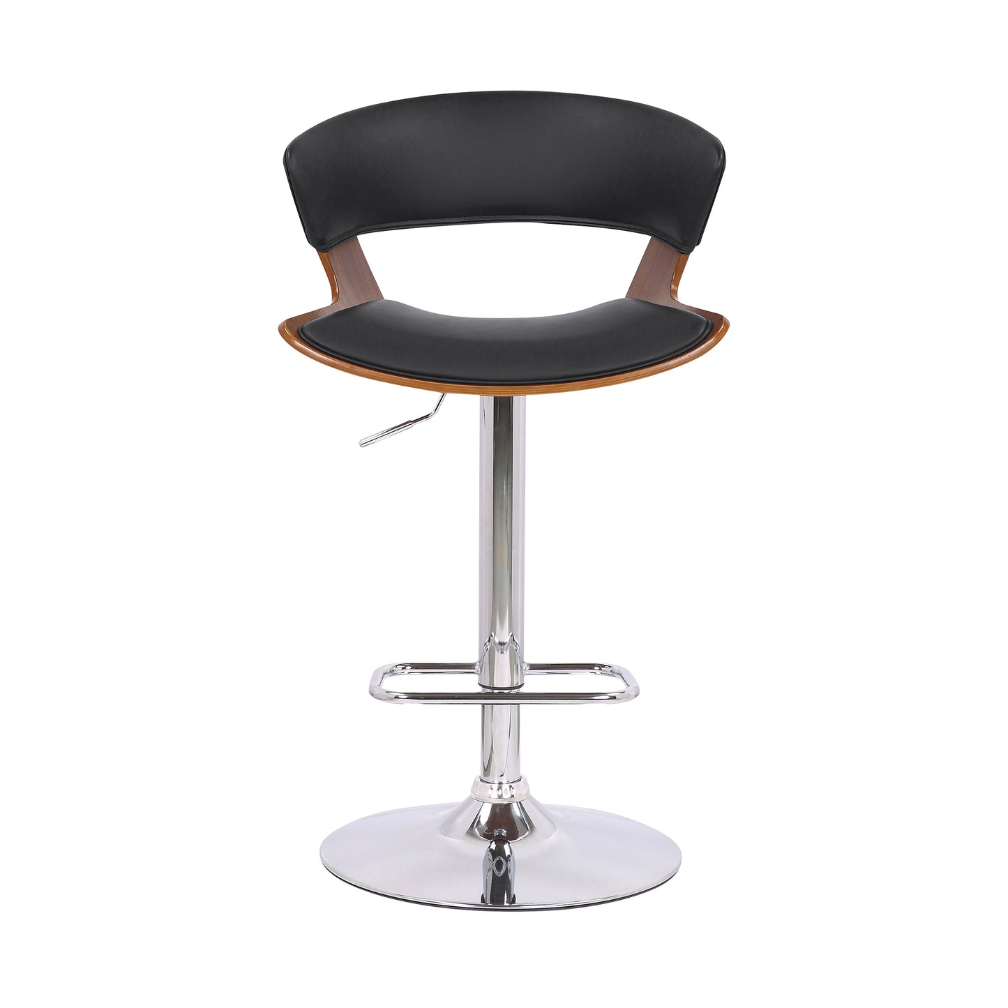 Karine Adjustable Swivel Black Faux Leather and Walnut Wood Bar Stool