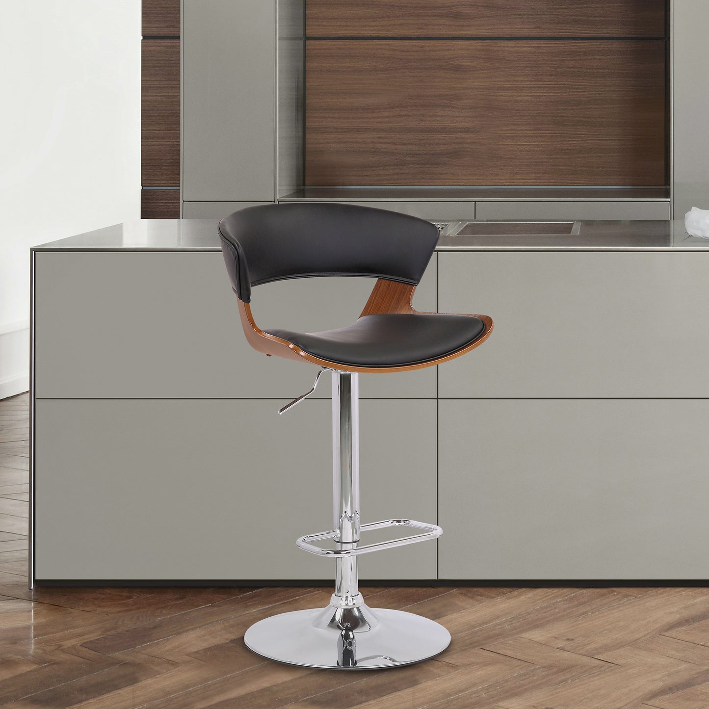 Karine Adjustable Swivel Black Faux Leather and Walnut Wood Bar Stool