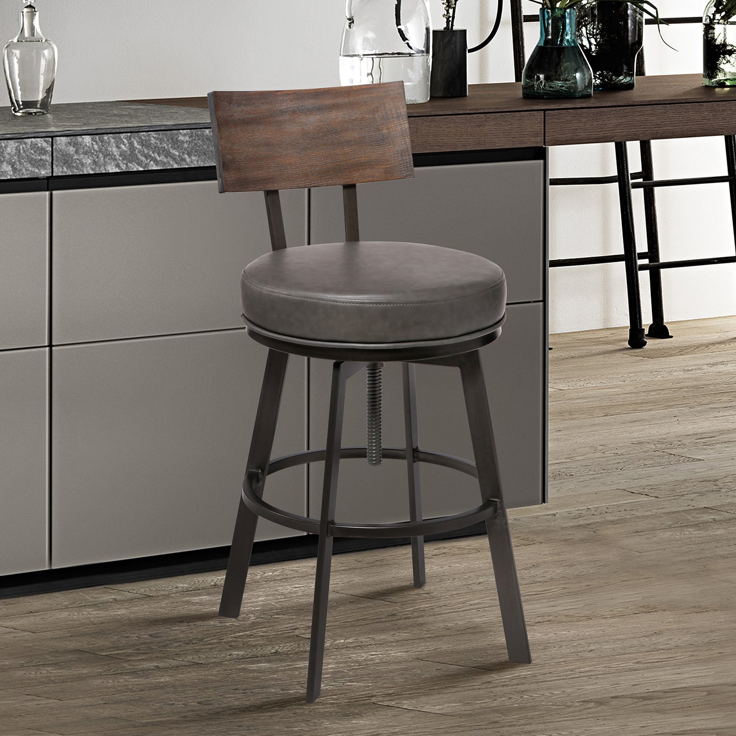 Montreal Adjustable Barstool in Mineral Finish withÂ Gray Faux Leather