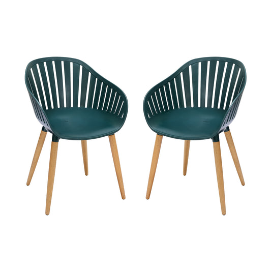 Nassau Outdoor Green Dining Chair with Eucalyptus Wood Legs - Set of 2