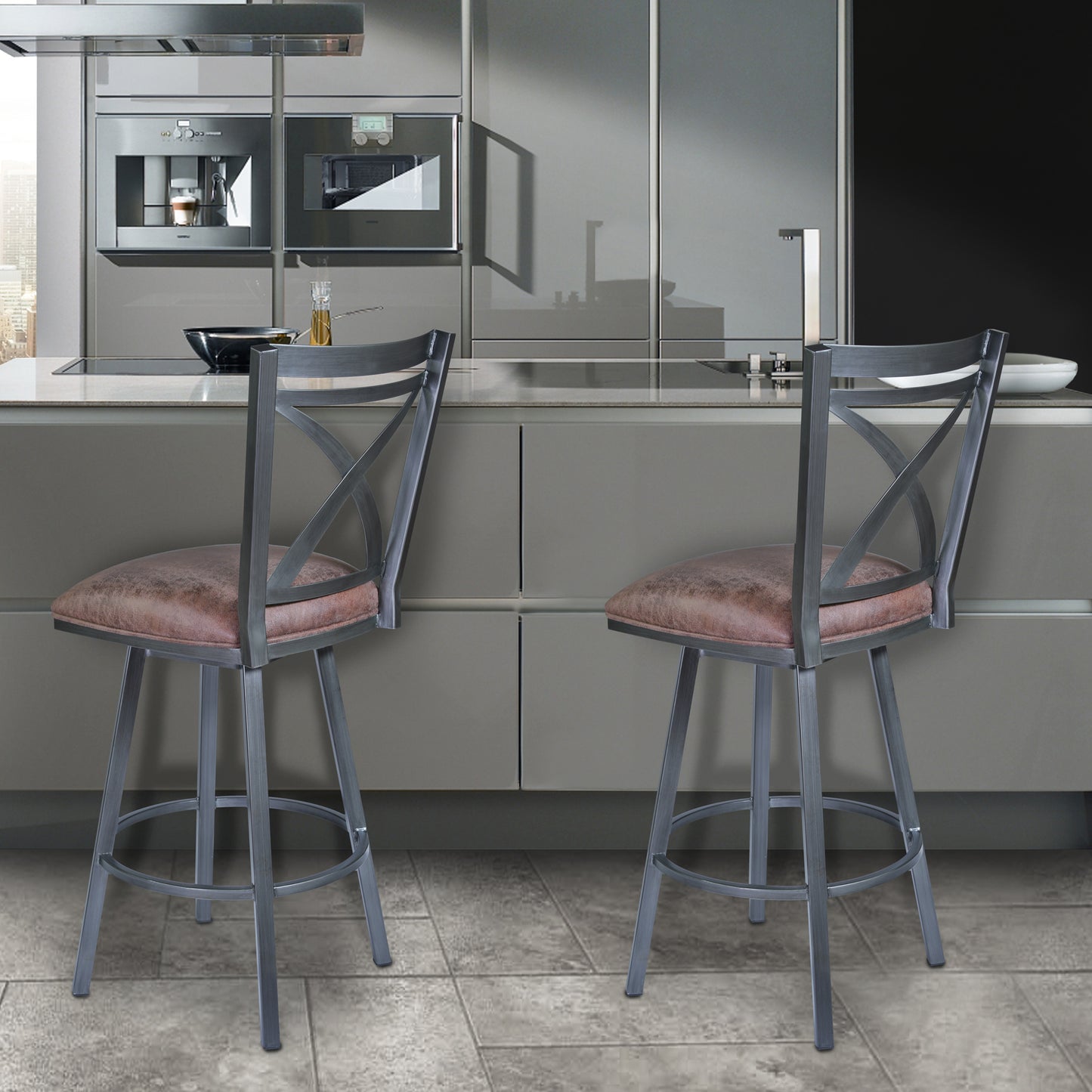 Nova 30" Bar Height Swivel Metal Barstool in Mineral finish with Bandero Tobacco