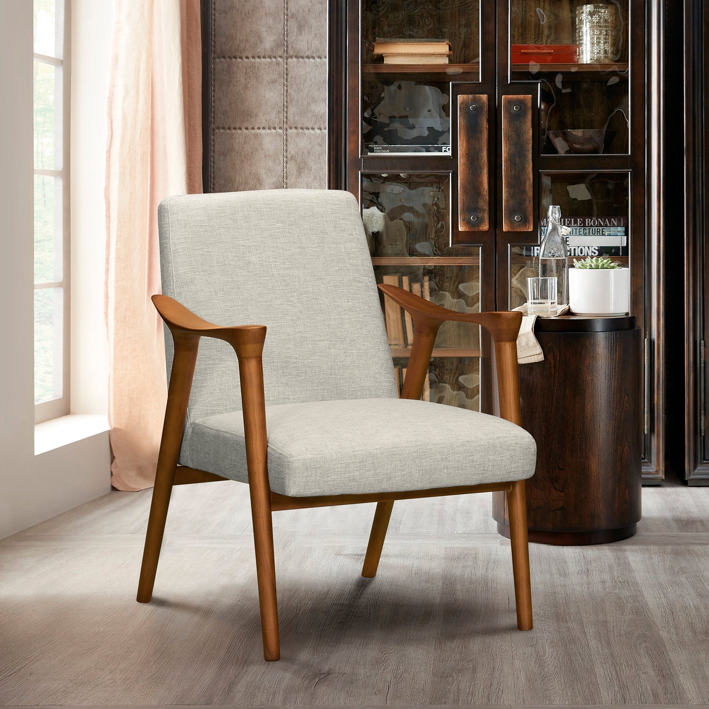 Nathan Mid-Century Accent Chair in Champagne Ash Wood Finish and Beige Fabric