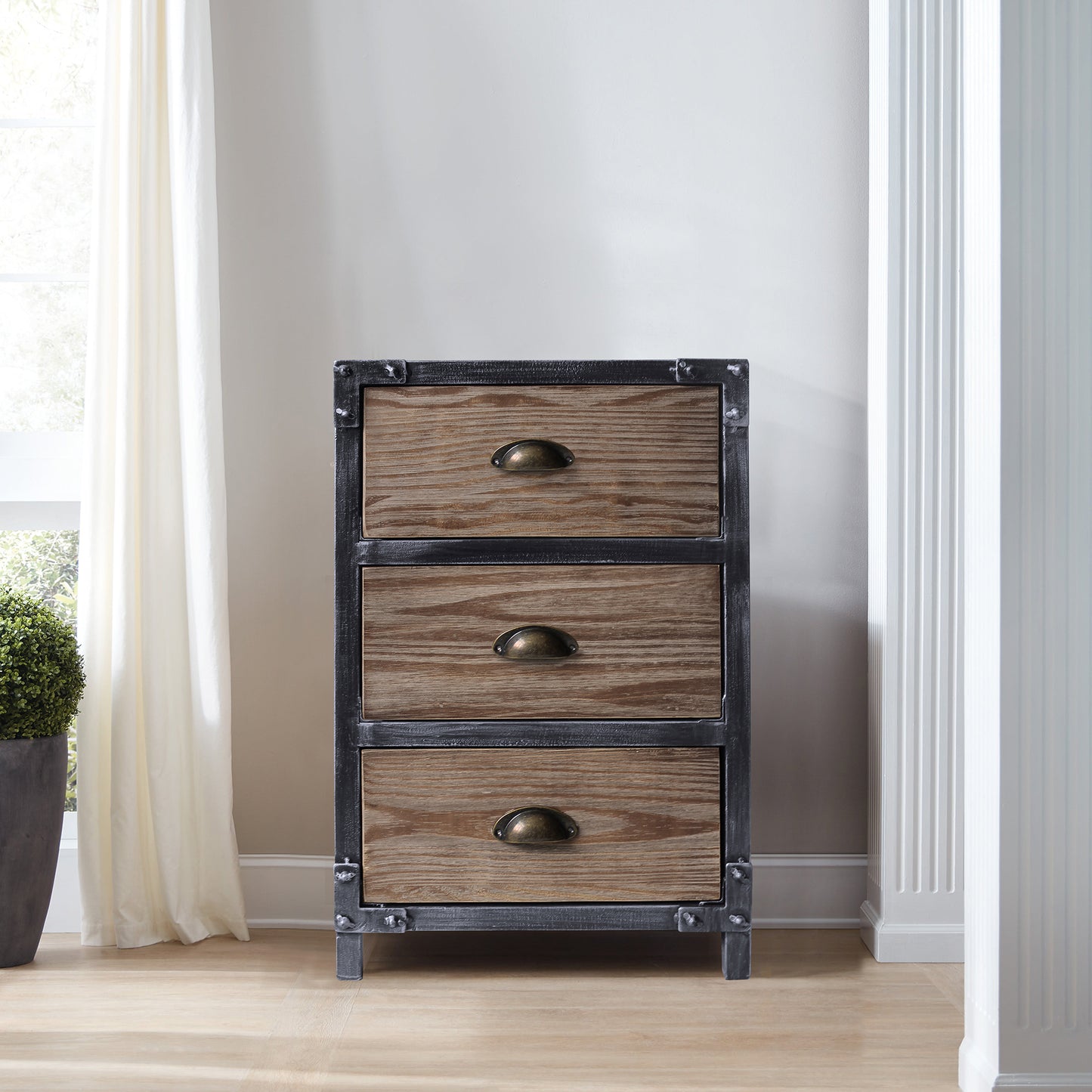 Nyx Industrial 3-Drawer End Table in Industrial Gray and Pine Wood