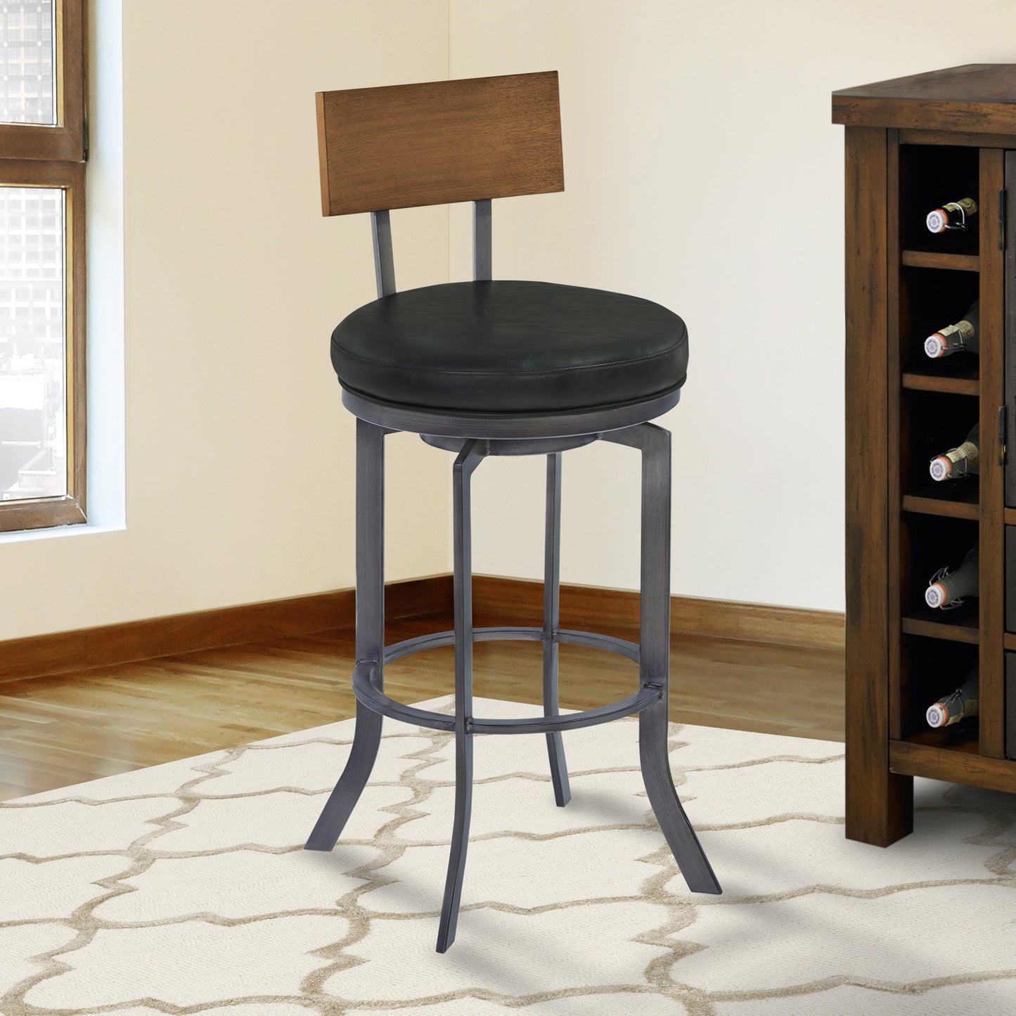 Ojai 26" Counter Height Swivel Barstool in Black Faux Leather and Walnut Wood