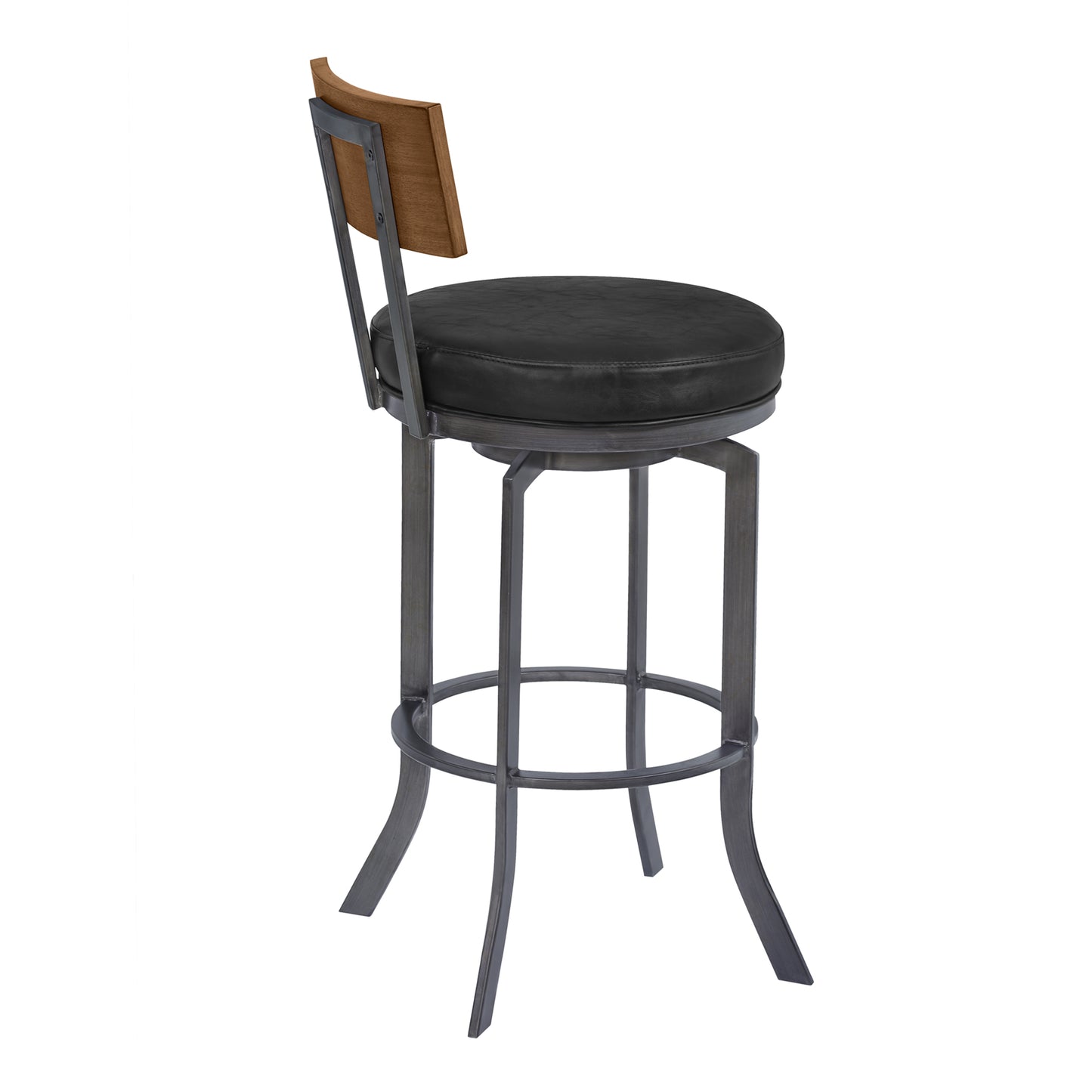 Ojai 30" Bar Height Swivel Barstool in Black Faux Leather and Walnut Wood
