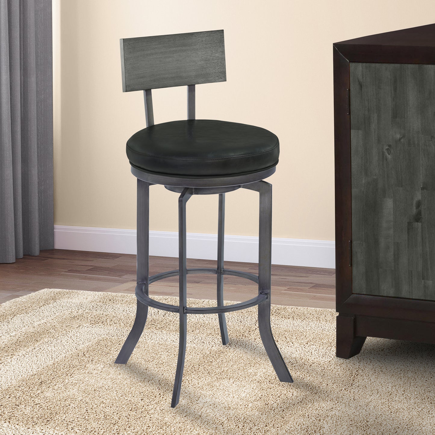 Ojai 30" Bar Height Swivel Barstool in Black Faux Leather and Gray Walnut Wood