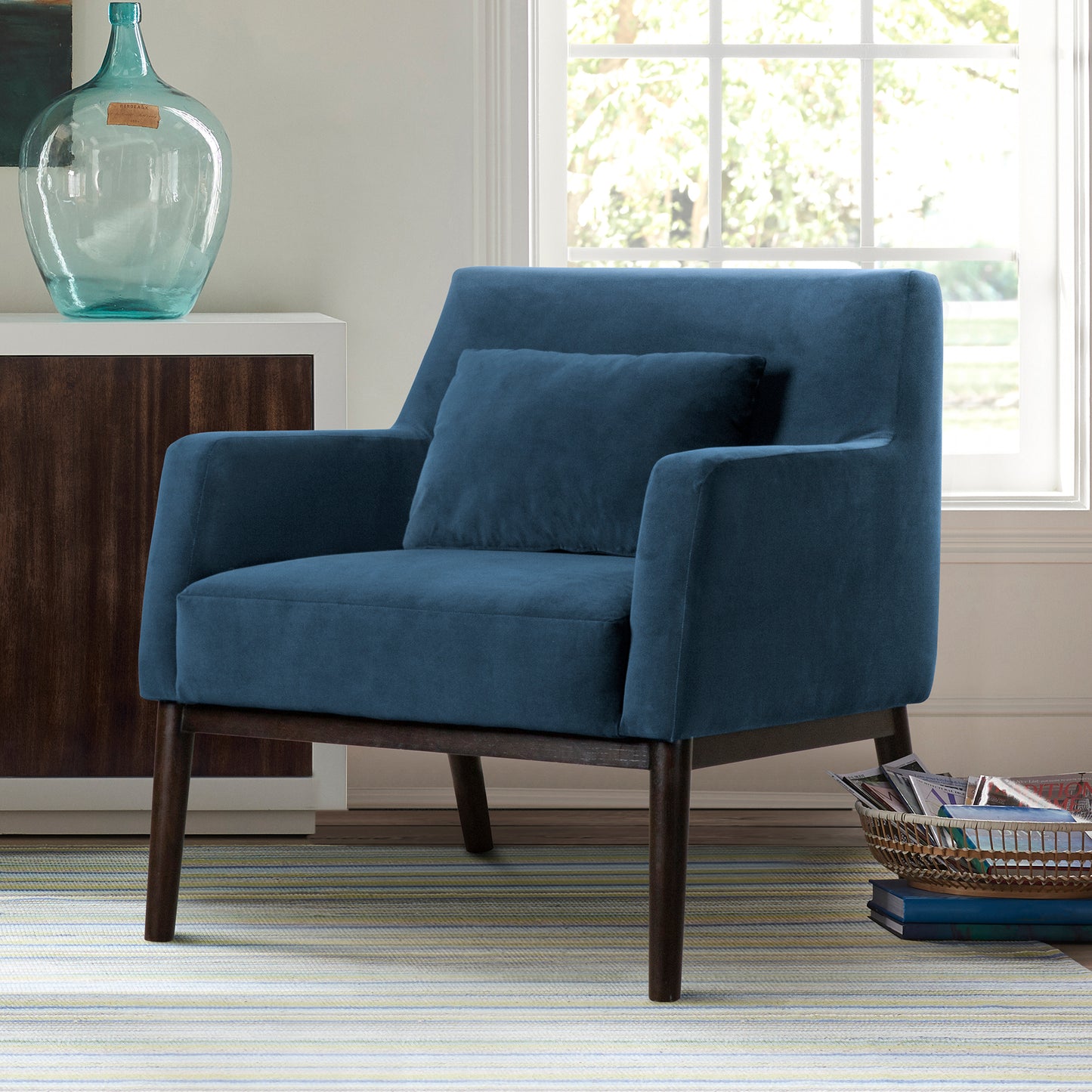 Oliver Blue Velvet Modern Accent Chair with Wood Legs