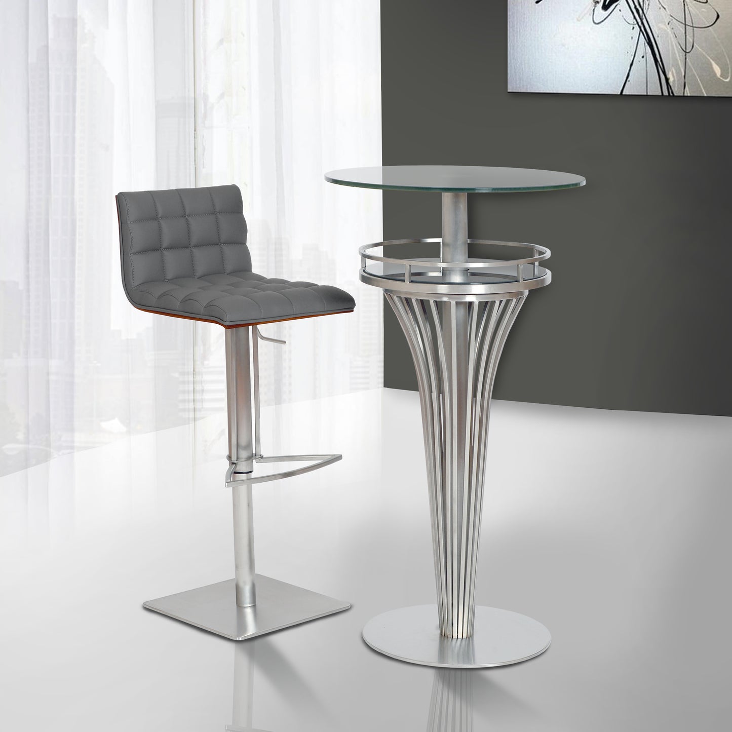 Oslo Adjustable Brushed Stainless Steel Barstool in Gray Faux Leather