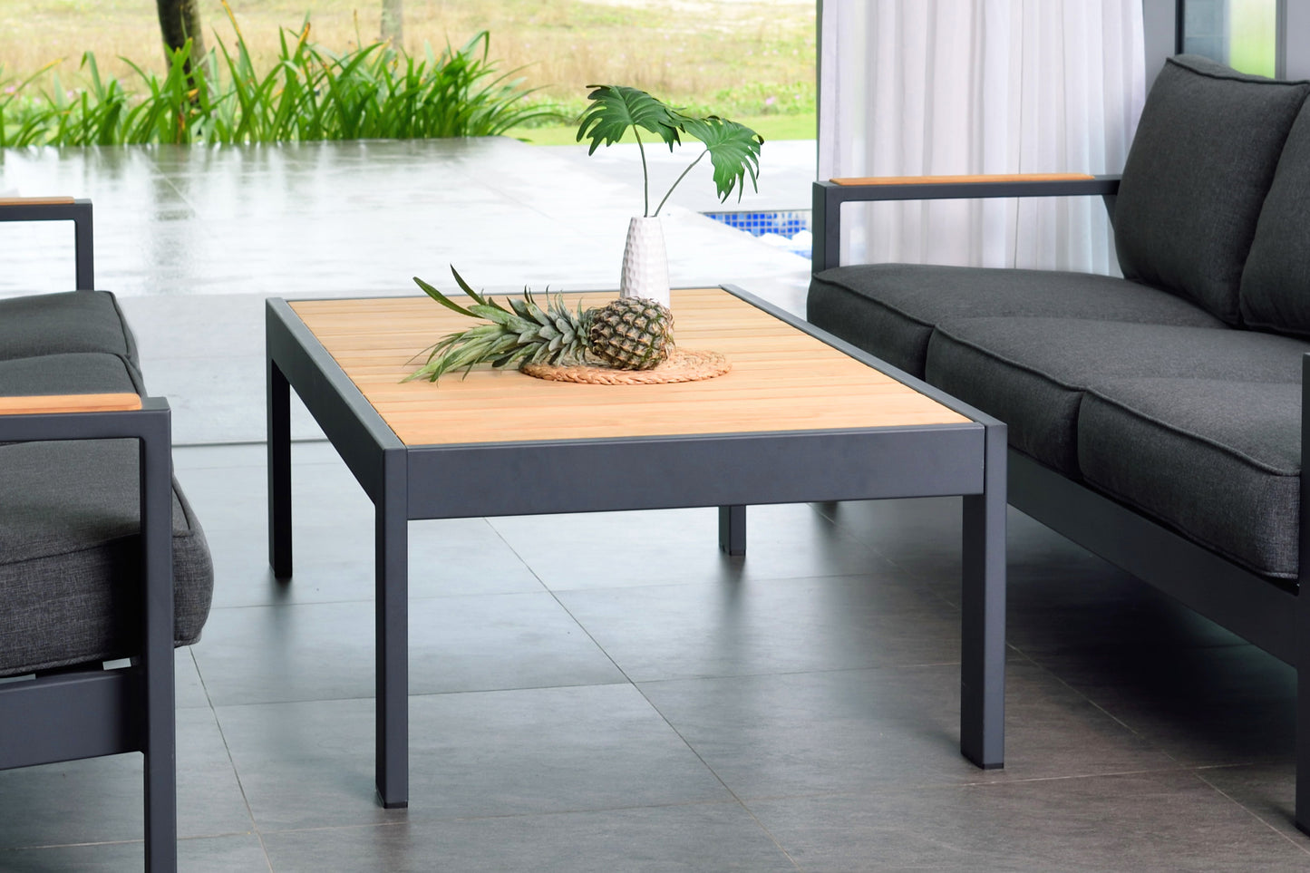 Palau Outdoor Coffee Table in Dark Grey with Natural Teak Wood Top