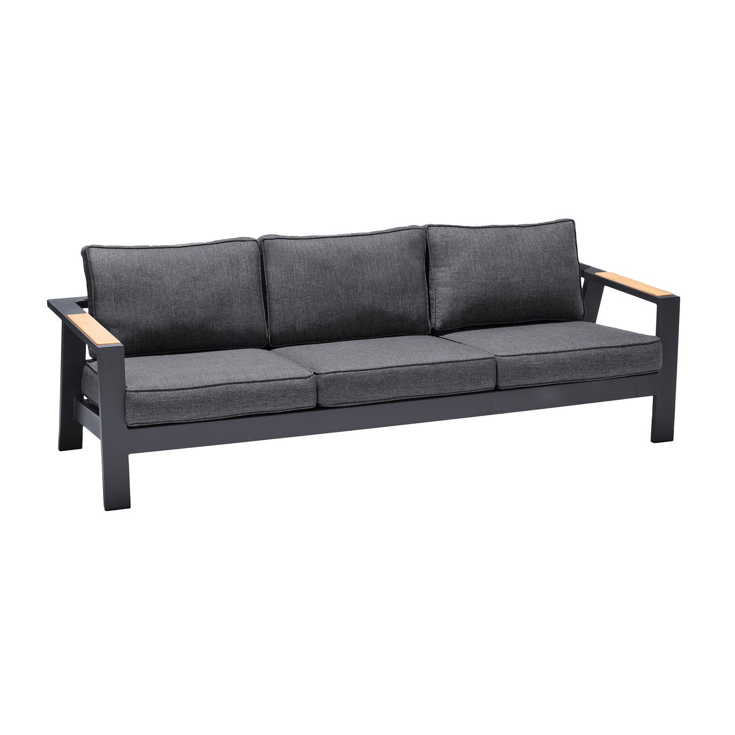 Palau Outdoor Sofa in Dark Grey with Natural Teak Wood Accent and Cushions