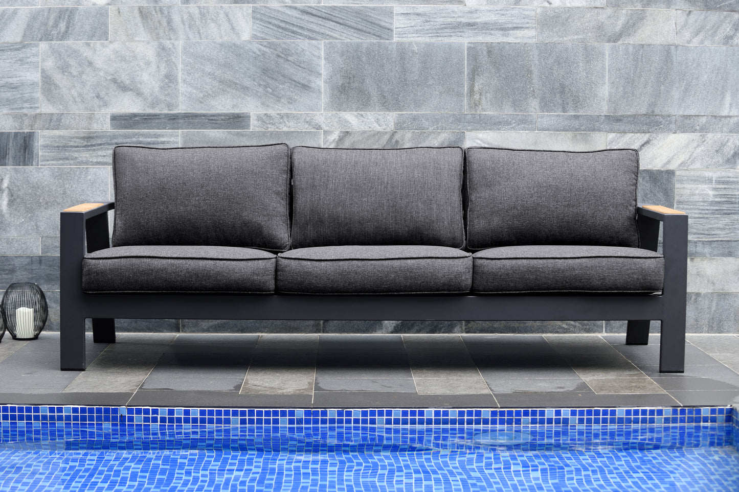 Palau Outdoor Sofa in Dark Grey with Natural Teak Wood Accent and Cushions
