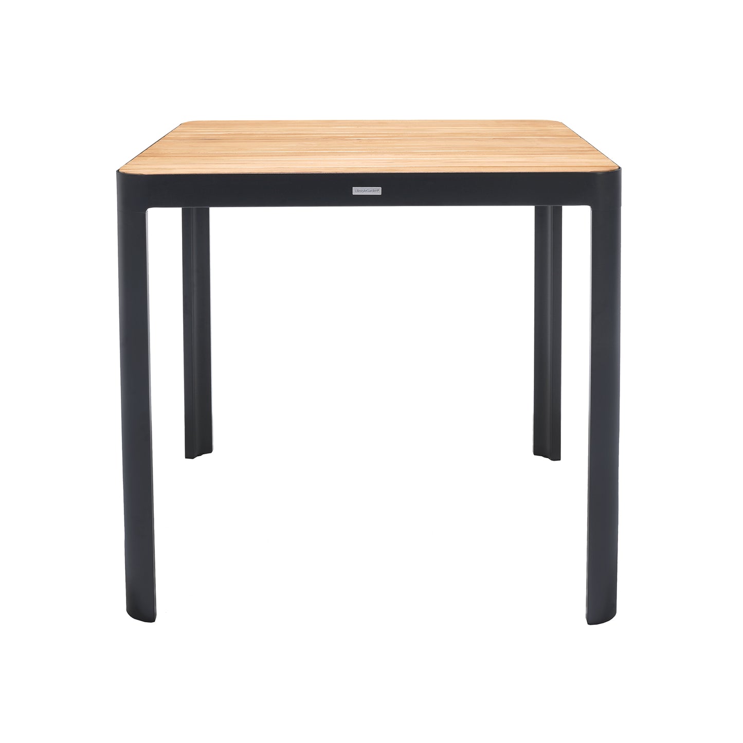 Portals Outdoor Square Bar Table in Natural Teak Wood Top and Black Frame