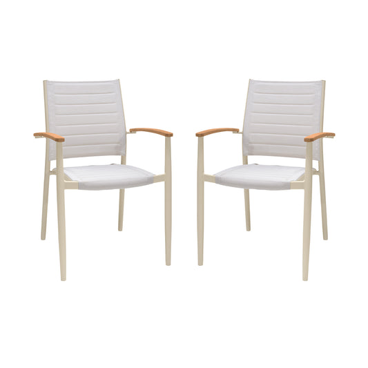 Portals Coral Sand Aluminum Stacking Dining Chair with Teak Arms - Set of 2