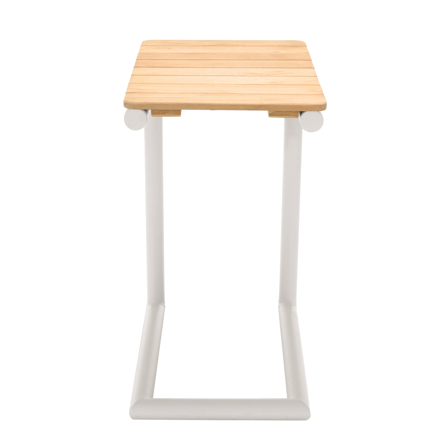Portals C-Shape Side Table in Light Sand Matte Finish and Natural Teak Wood Top