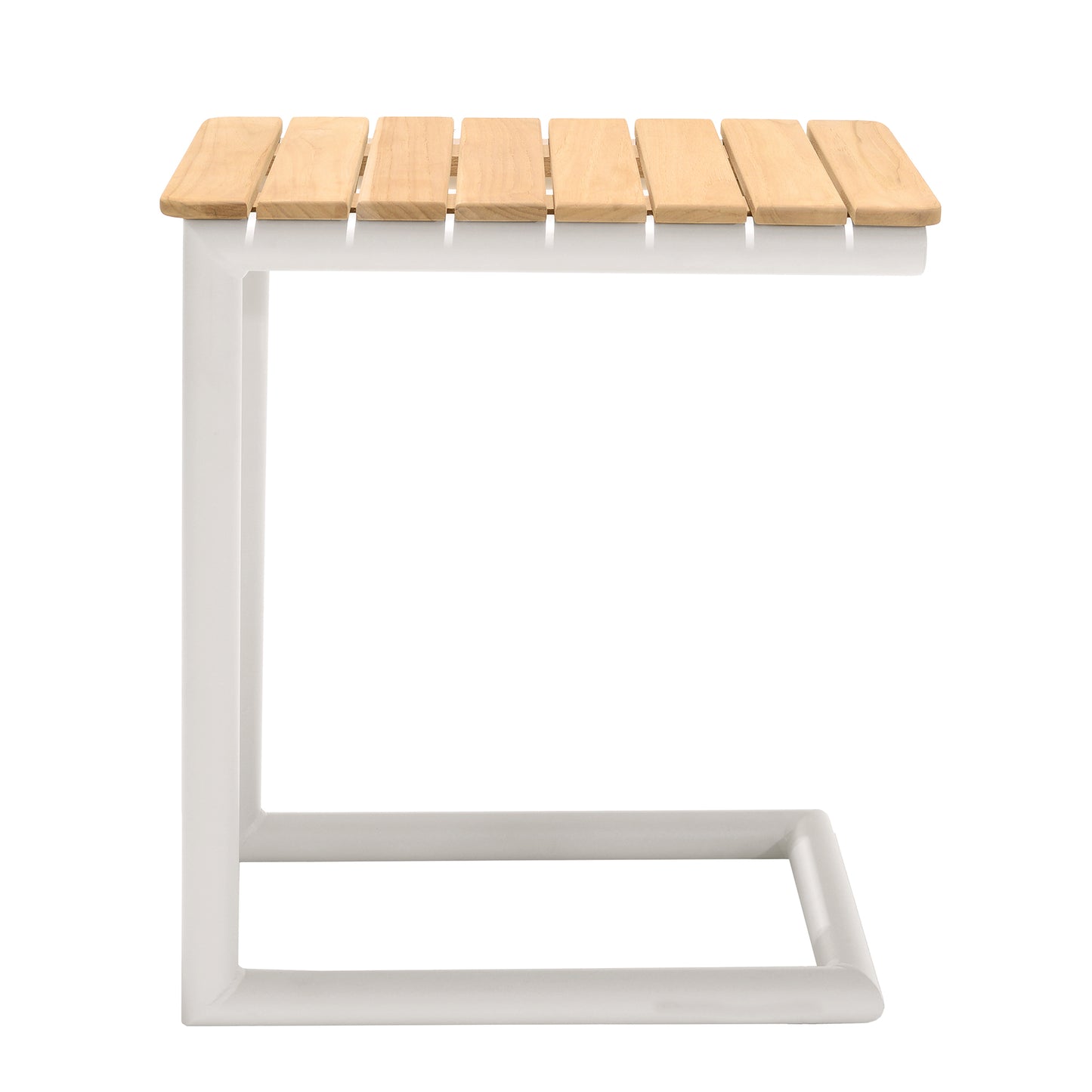 Portals C-Shape Side Table in Light Sand Matte Finish and Natural Teak Wood Top