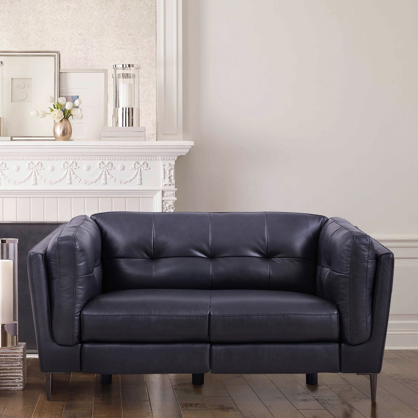 Primrose Contemporary Loveseat in Dark Metal Finish and Navy Genuine Leather