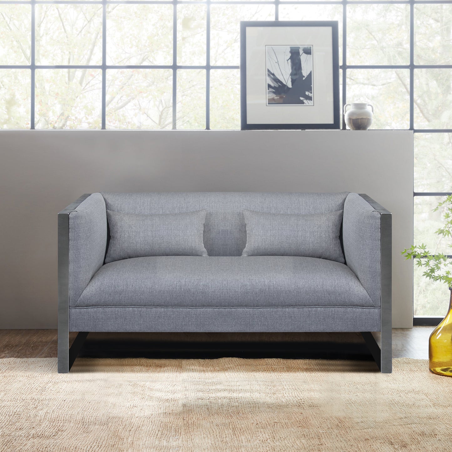 Royce Contemporary Loveseat with Polished Stainless Steel and Gray Fabric