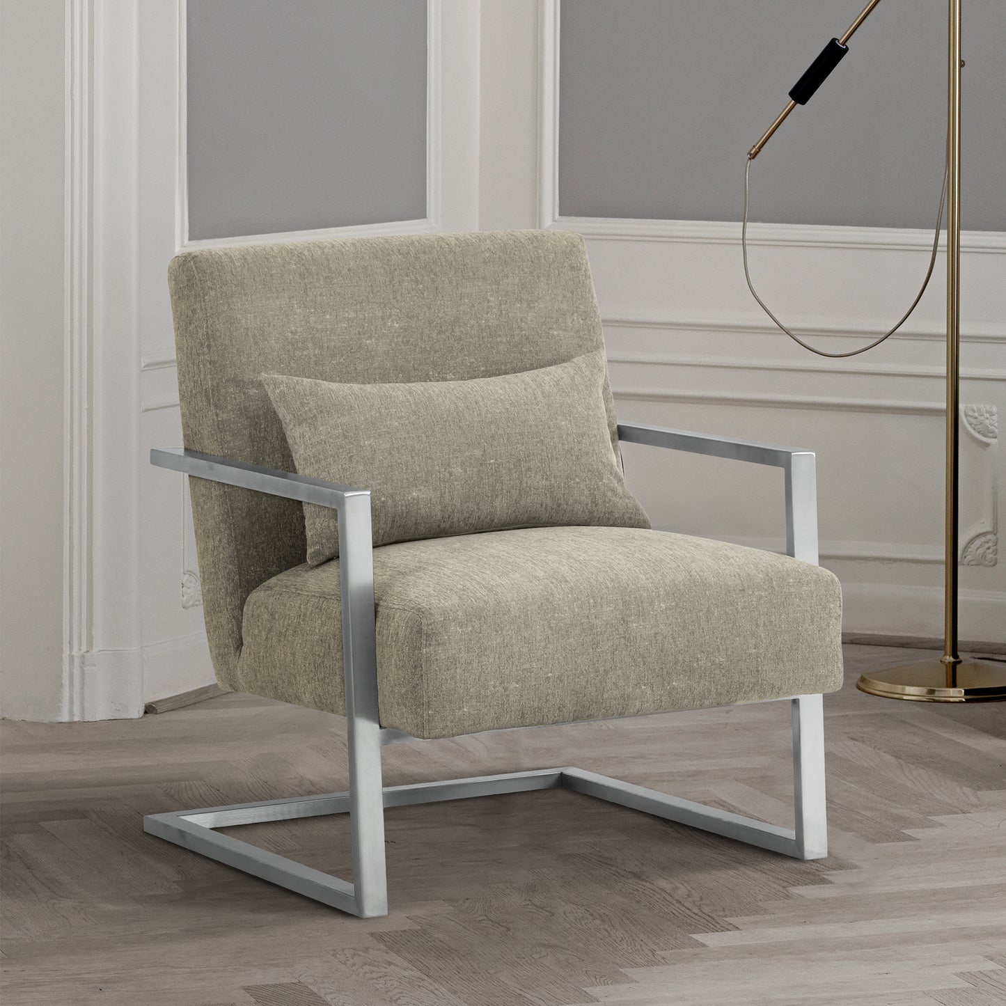 Skyline Modern Accent Chair In Gray Linen and Steel Legs