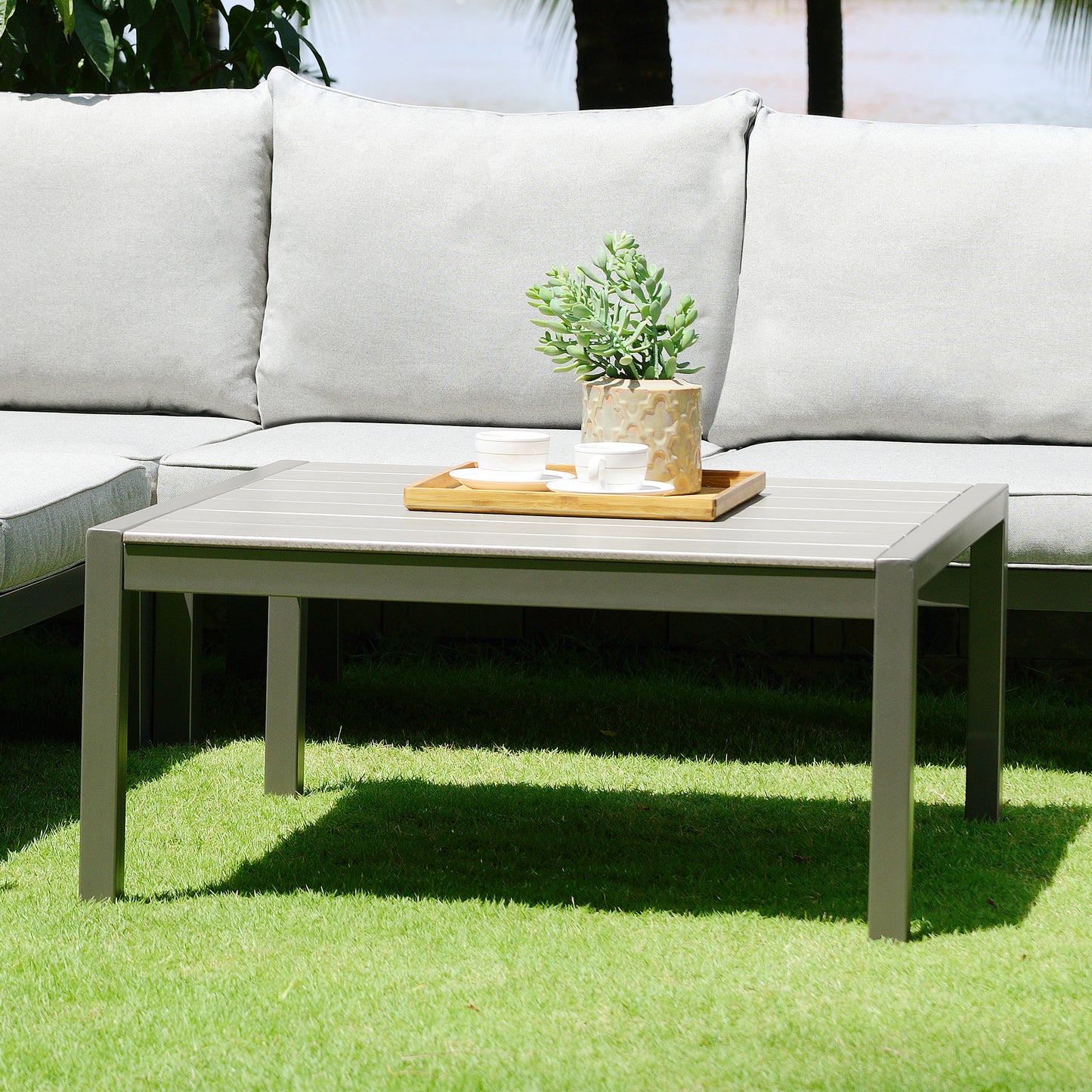 Solana Outdoor Square Coffee Table in Cosmos Grey Finish with Wood Top