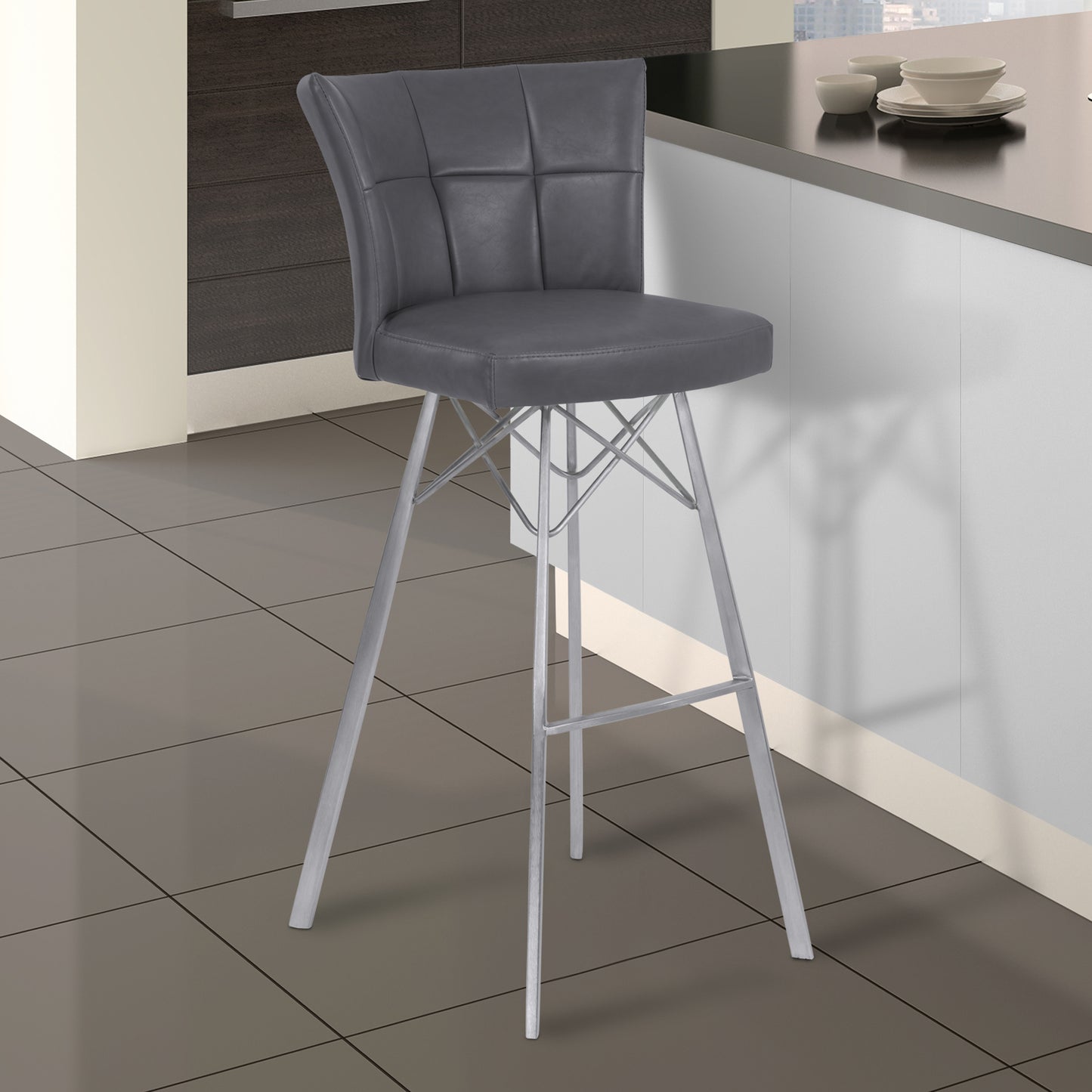 Spago 26" Counter Height Metal Barstool in Gray Faux Leather