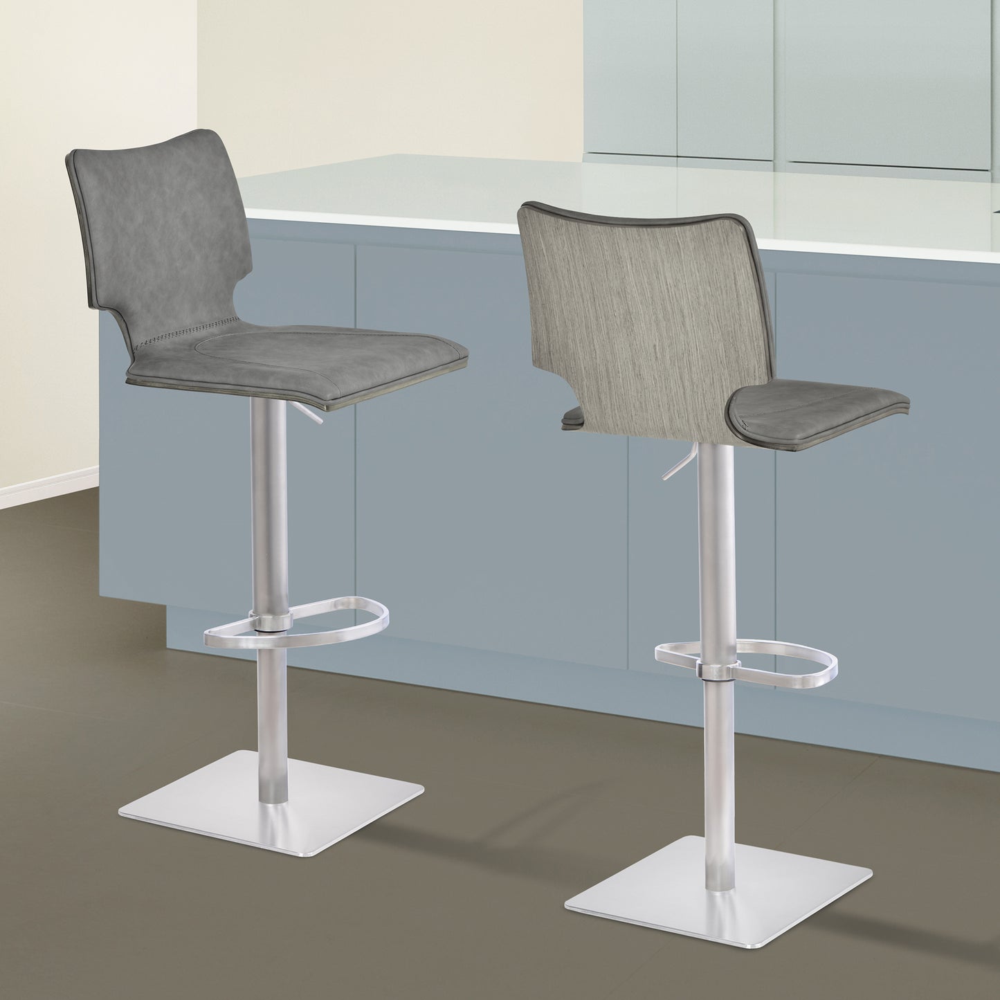 Sydney Adjustable Barstool in Brushed Stainless Steel with Gray Faux Leather