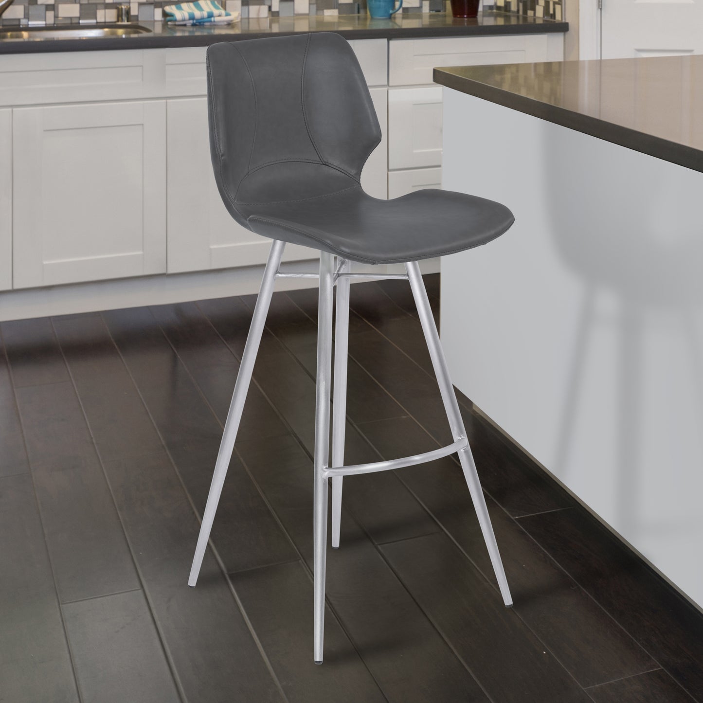 30" Bar Height Metal Barstool in Gray Faux Leather with Brushed Stainless Steel