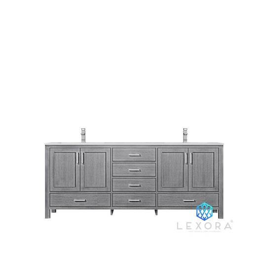 Jacques 80" Distressed Grey Double Vanity, White Carrara Marble Top, White Square Sinks and no Mirror