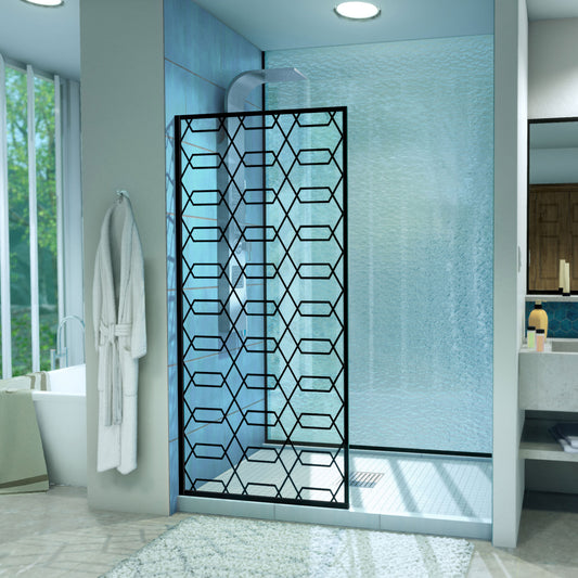 Linea Maze 34 in. W x 72 in. H Single Panel Frameless Shower Door, Open Entry Design in Satin Black