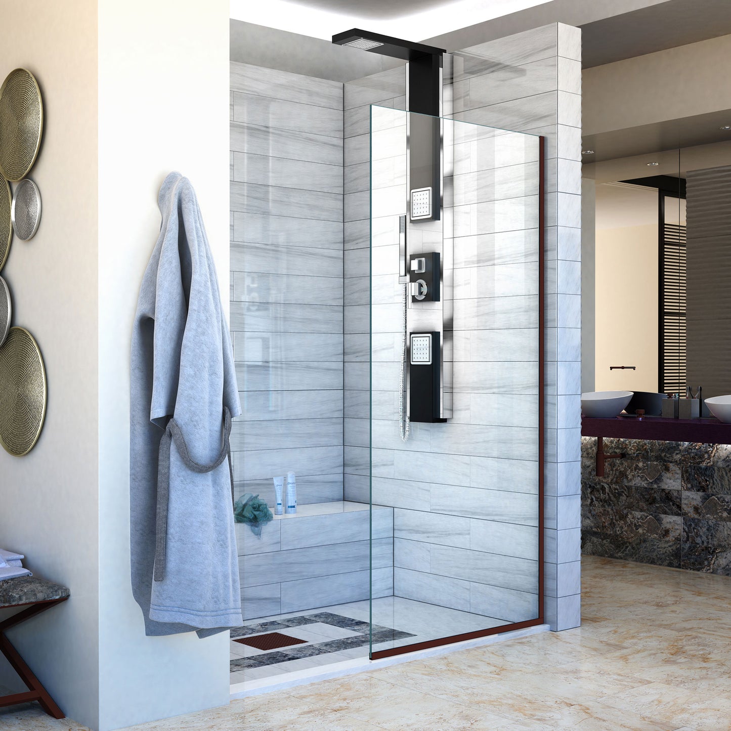 Linea Single Panel Frameless Shower Screen 34 in. W x 72 in. H, Open Entry Design in Oil Rubbed Bronze